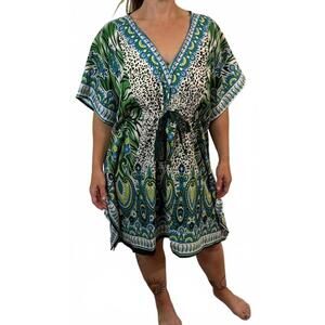NWT Boho Style Green Blue Caftan Swim Beach Cover up Tunic Dress L XL XXL OS